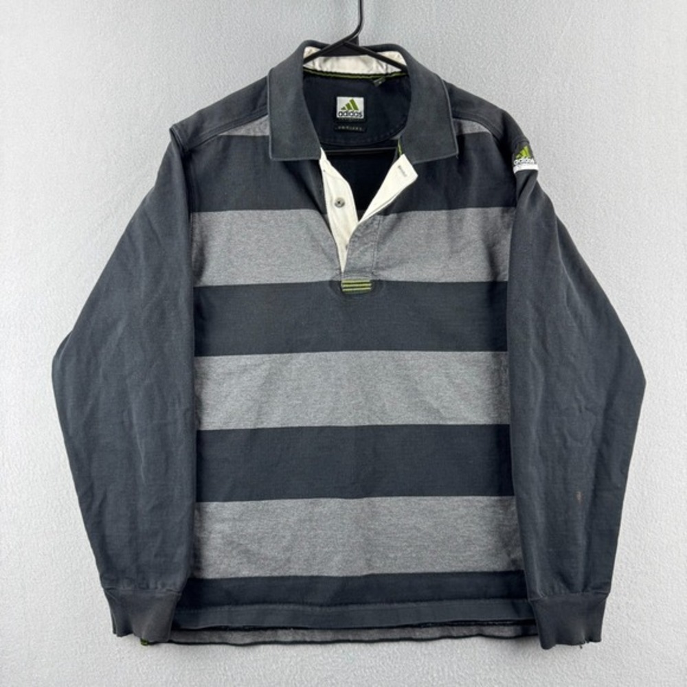 Vintage Adidas Rugby Shirt Mens Medium Black Long Sleeve Cotton Striped Polo Y2K